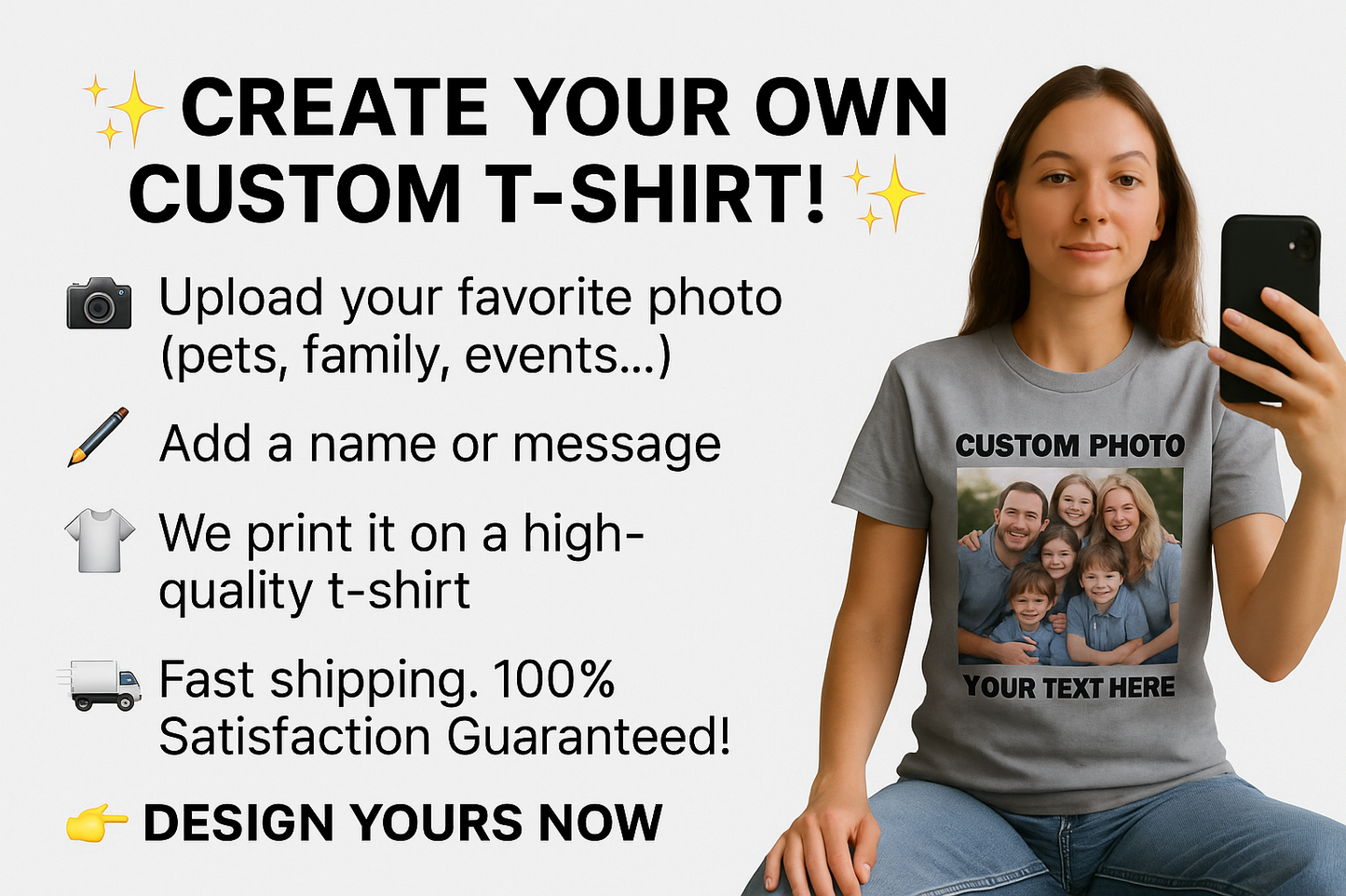 Custom Photo T-Shirt with Your Text – Personalized Gift for Family, Pets, or Friends
