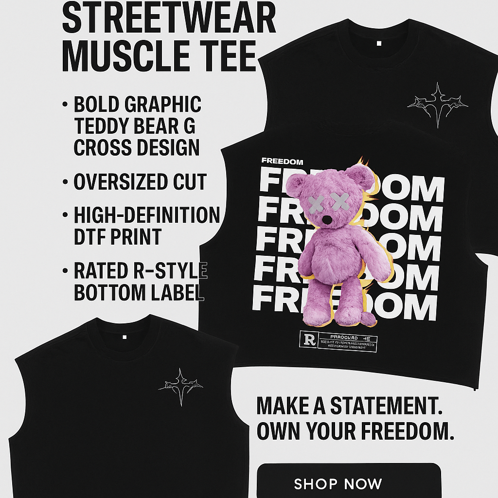 Freedom Streetwear Muscle Tee – Bold Graphic Teddy Bear & Cross Design